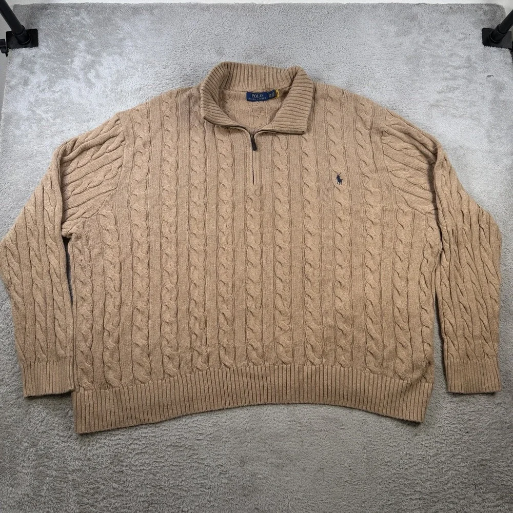 Polo Ralph Lauren Sweater Mens 4XB Beige 1/4 Zip Cable Knit Cotton Pullover